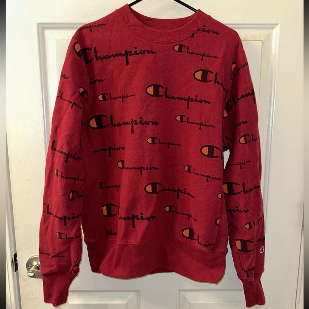 Vintage Champion Reverse Weave Crewneck All Over Print  Adult Medium Red